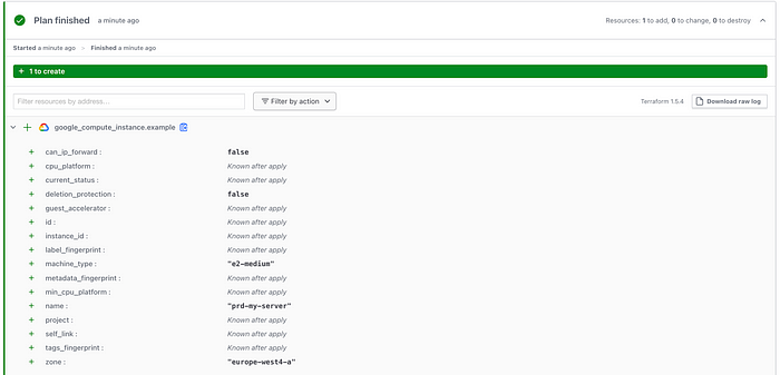 Terraform plan for production environment showing e2-medium VM resource