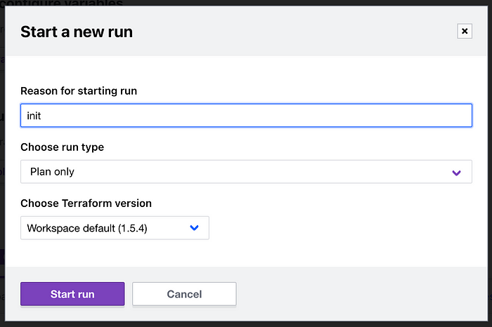 Terraform Cloud UI run settings for initiating staging deployment