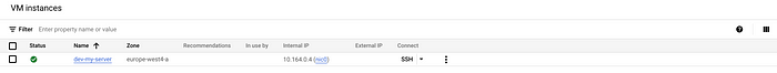 GCP console showing dev-my-server VM instance deployed via Terraform