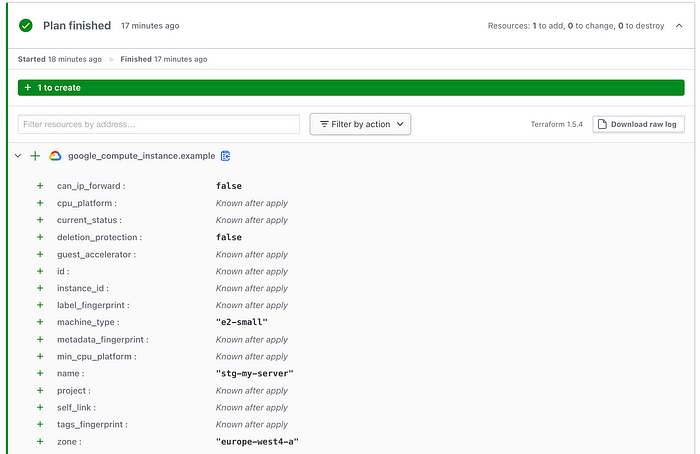 Terraform plan preview for staging workspace showing e2-small VM