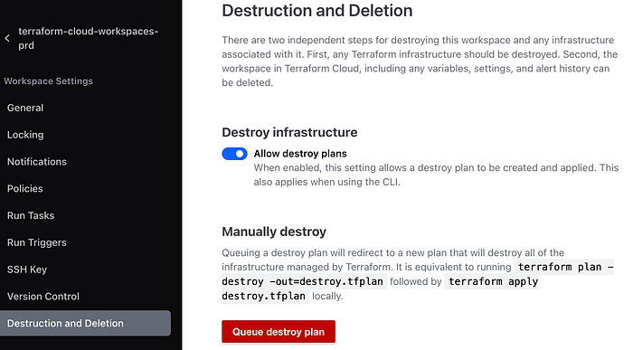 Terraform Cloud UI showing workspace destruction and deletion options