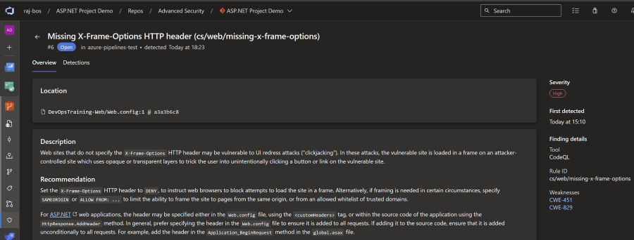 Screenshot of the alert detail page