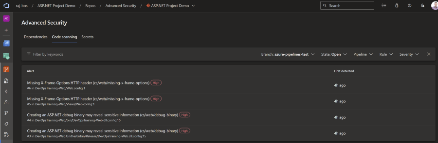Screenshot of the code scanning alerts