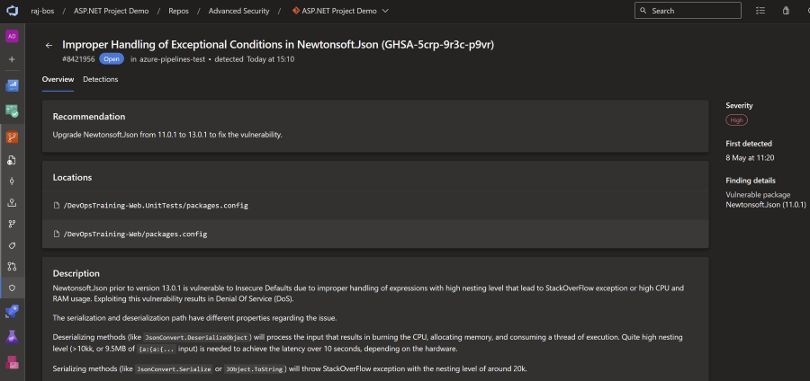 Screenshot of a Dependency alert