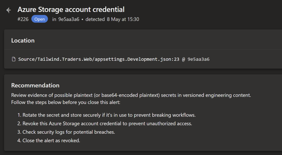 Screenshot of a secret scanning alert showing you need to revoke the secret