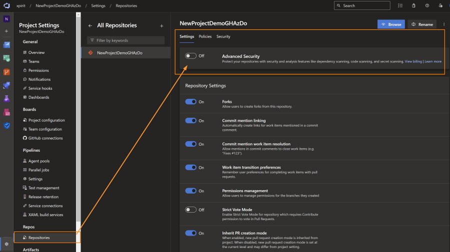 Screenshot of getting to the repository settings, where you can find a new setting 'Advanced Security' that can be toggled on/off