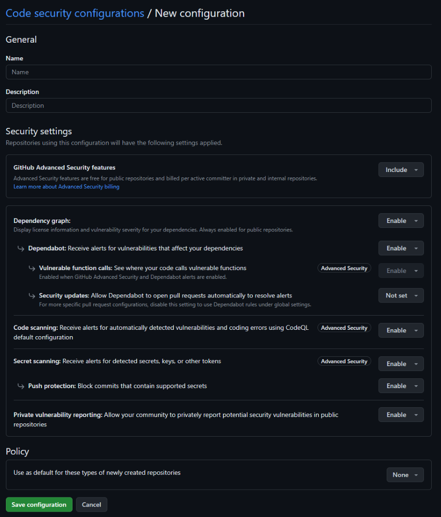 UI showing how to create a new configuration, with grouped blocks for each functionality, like 'Dependency settings'
