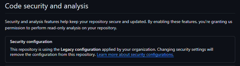 Screenshot showing the subtle new panel that says "security configuration" with the mention of the policy name