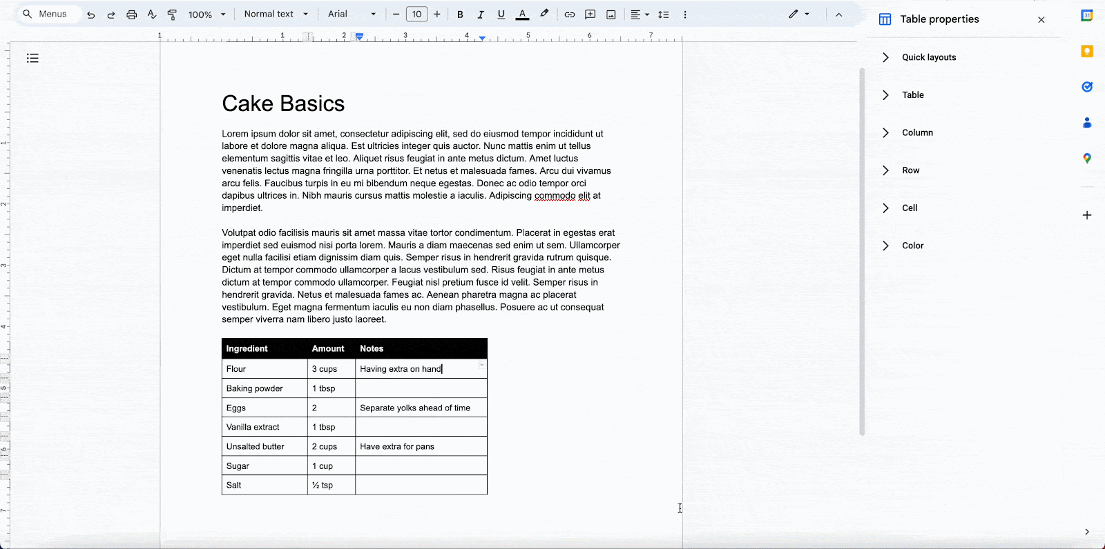 New options for table positioning in Google Workspace