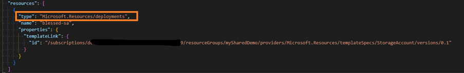 Figure 11. Template-spec in an ARM template, showing only resource/deployment