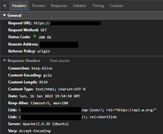 Example HTTP request, showing the response headers