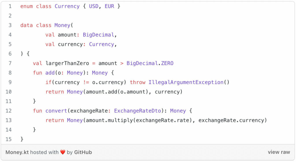 value object (a building block of domain driven design) example using Kotlin