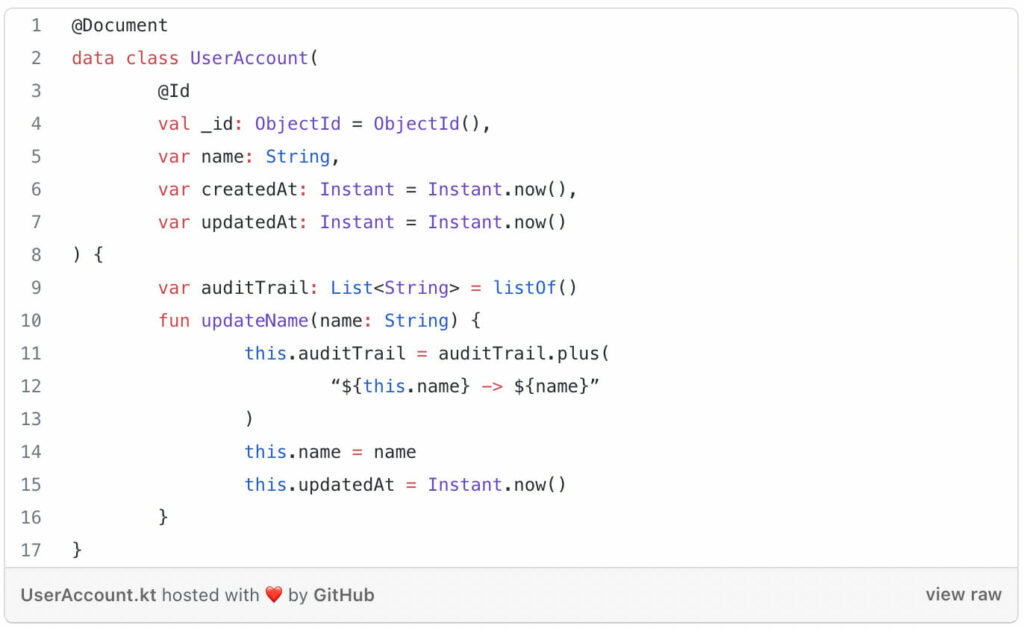 entity (a building block of domain driven design) example using Spring and Kotlin