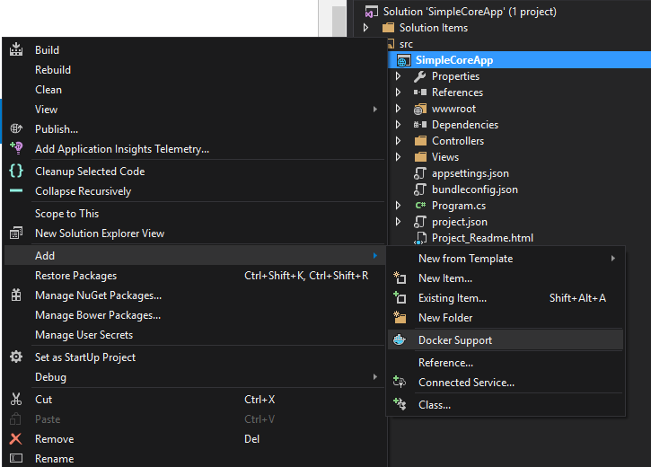 Install the extension for Docker to Visual Studio 2015 and add Docker Support