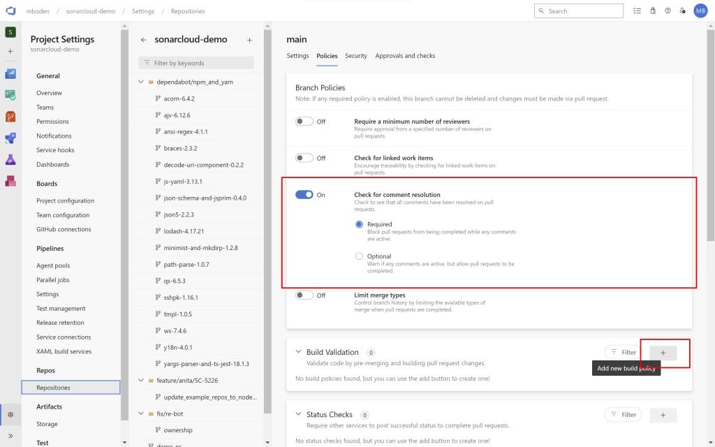 azure devops branch policies add markers
