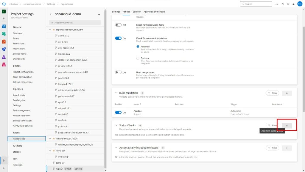 azure devops branch policies add status check markers