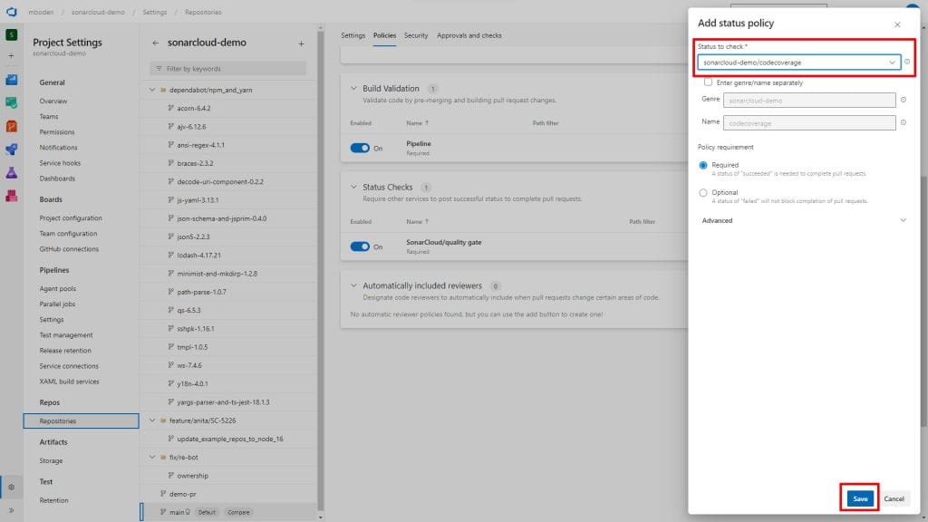 azure devops status check markers