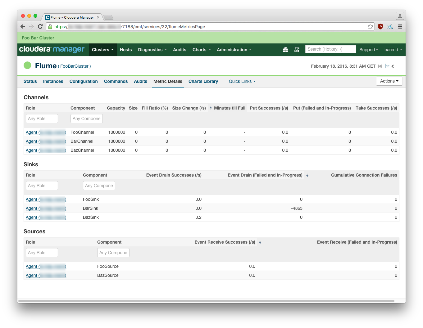 A screenshot of Cloudera Manager showing statistics for three Channels, three Sinks and two Sources in Flume cmf-screenshot