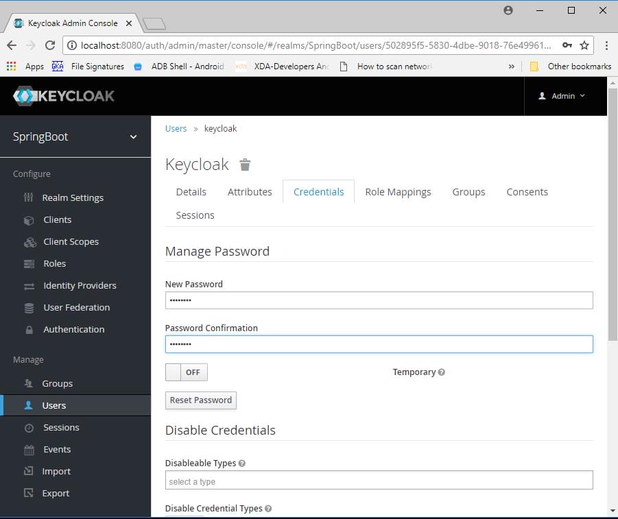 credentials tab and reset password