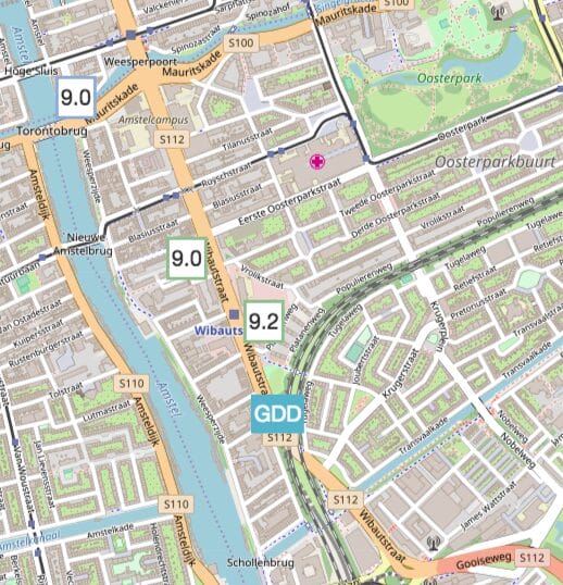 Map with restaurant locations and scores