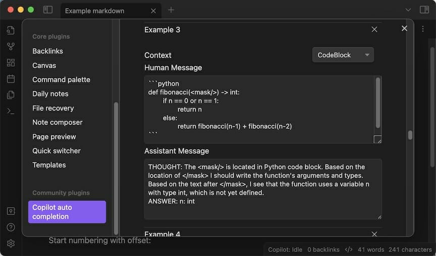 The settings menu where users can add or change few-shot examples per cursor context.