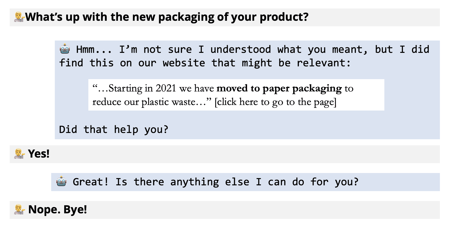 Example conversation of an infrequent, long tail, intent where the bot finds a relevant part of the knowledge base