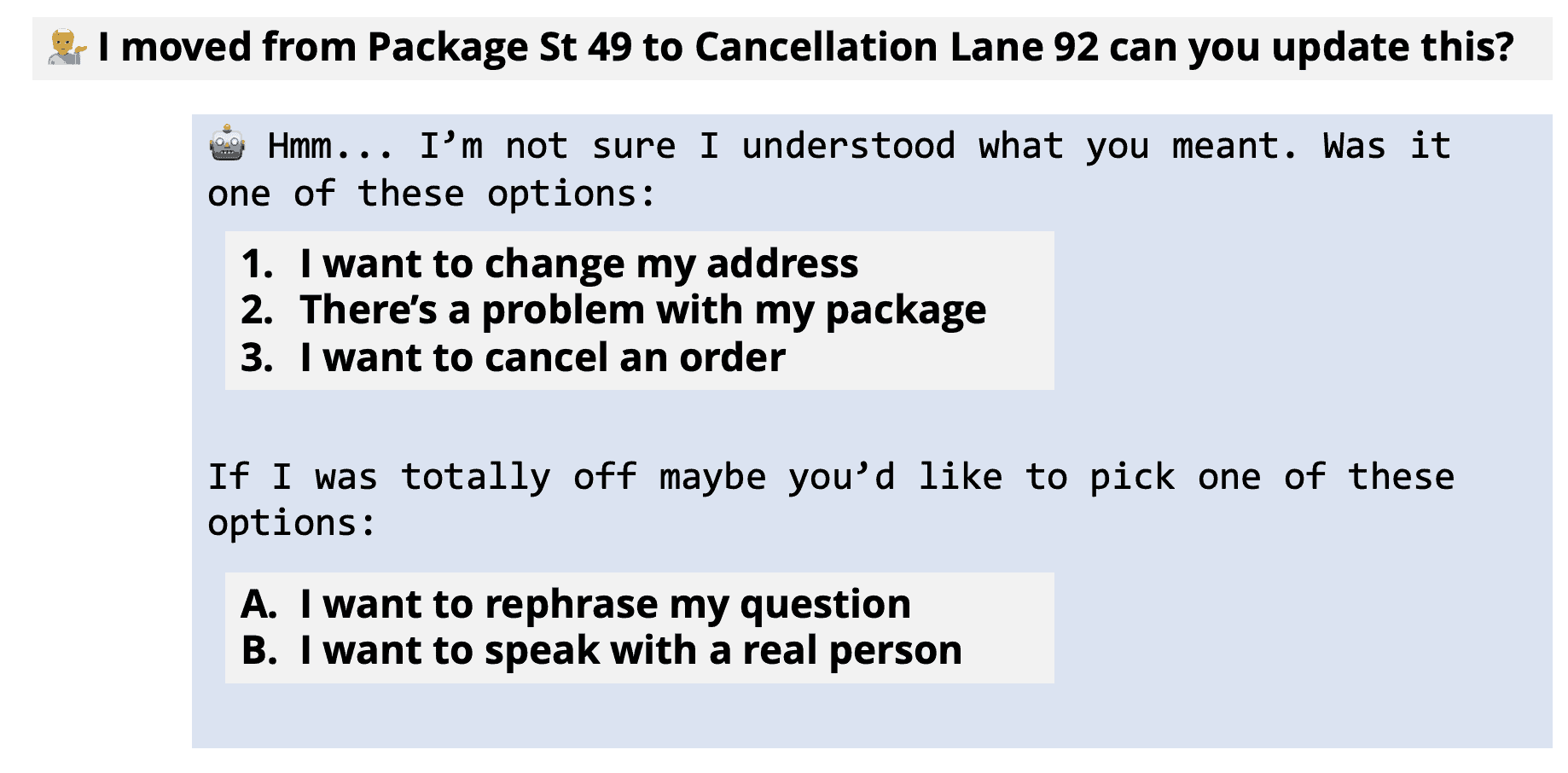 Example conversation where the bot is confused but does not create a painful experience for the user