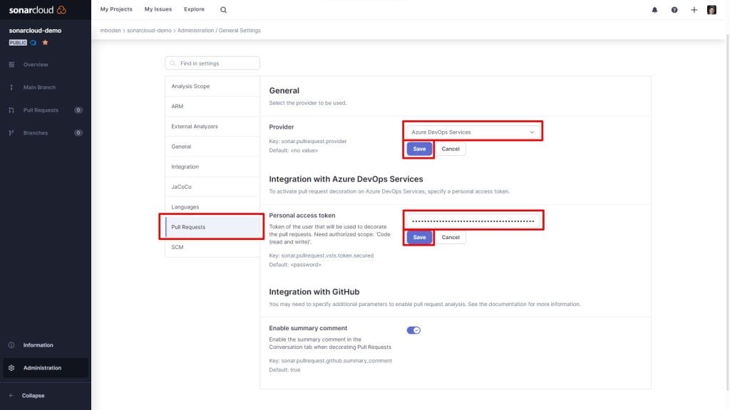 sonar cloud general settings pull request markers