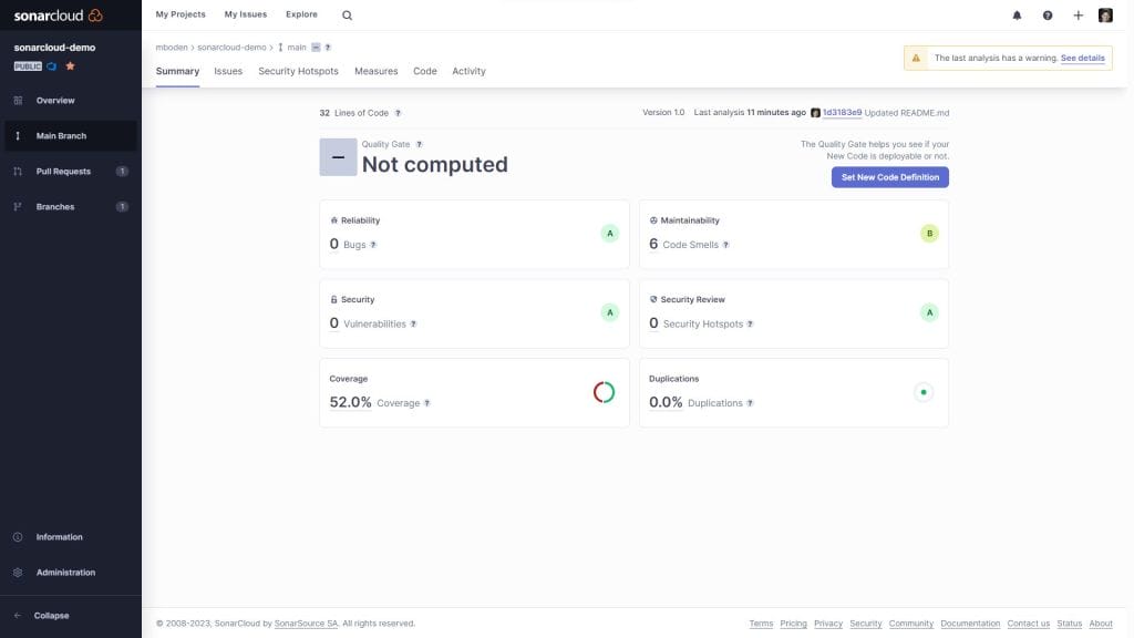 sonar cloud main branch