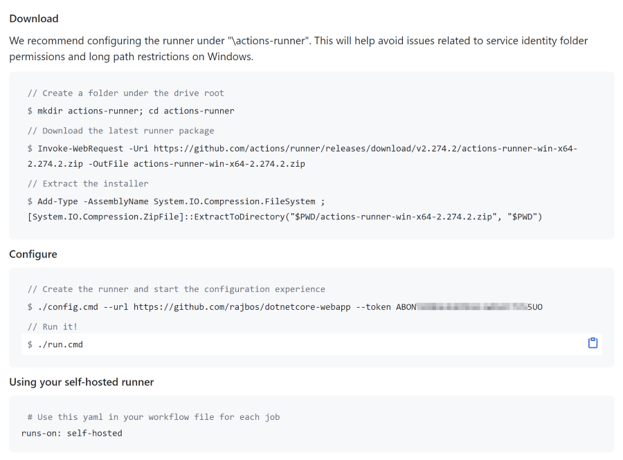 Screenshot of the steps to add a self-hosted runner