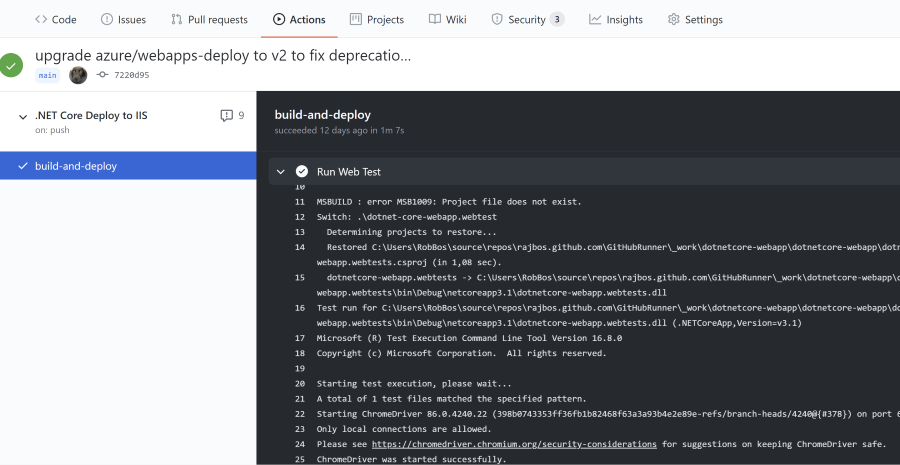 Screenshot of webtest output