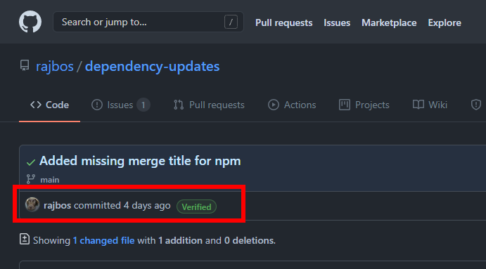 Screenshot of GitHub.com showing a verified commit