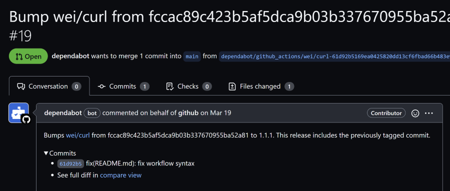 Screenshot of dependabot PR