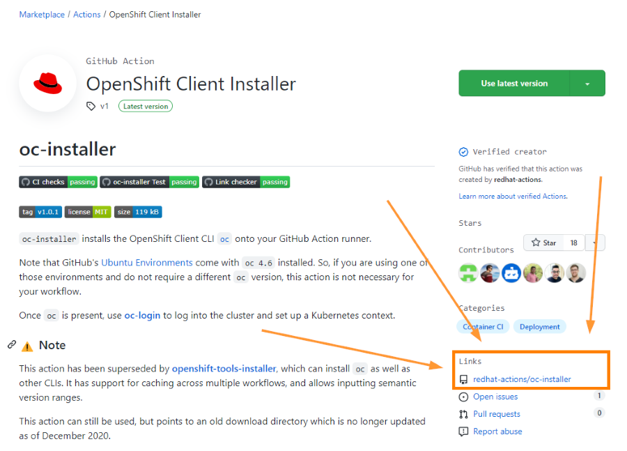 Screenshot of where to find the action repository link