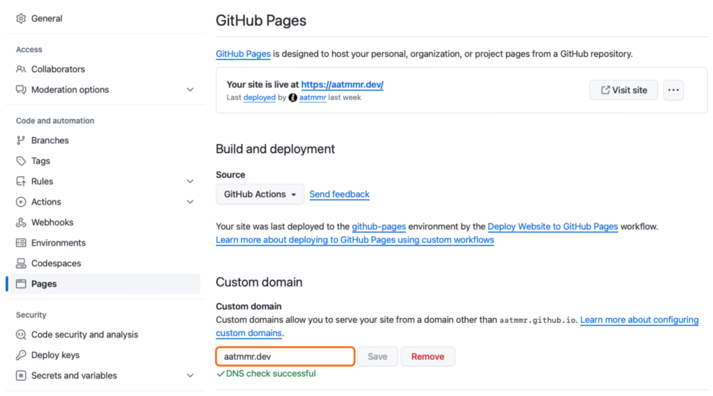Add custom domain in GitHub Pages settings