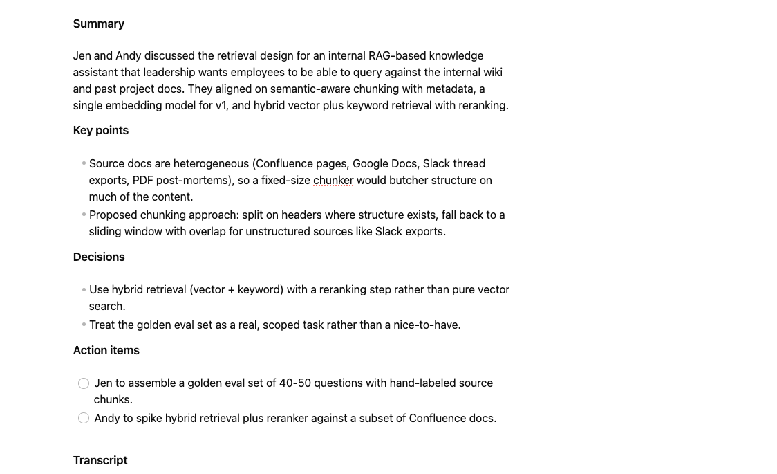 A rendered meeting note in Obsidian showing the Summary, Key points, Decisions, Action items, and Transcript sections filled in with example content.