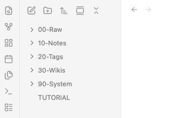 Obsidian file explorer showing the vault's 00-Raw, 10-Notes, 20-Tags, and 30-Wikis folders, alongside 90-System.
