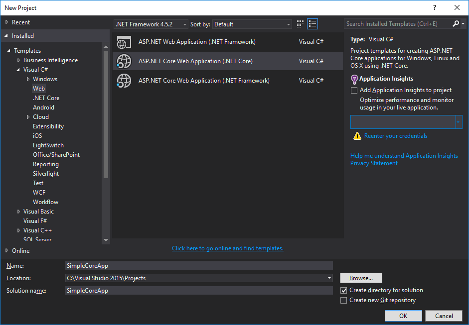 Create a default ASP.NET Core MVC solution in Visual Studio 2015
