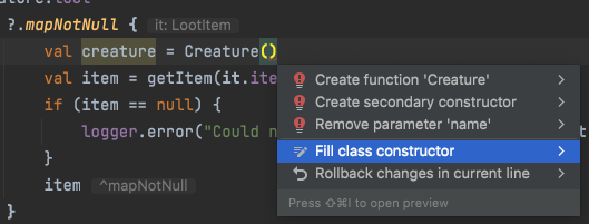 Using the ‘Fill class constructor’ action eases instantiating Kotlin objects