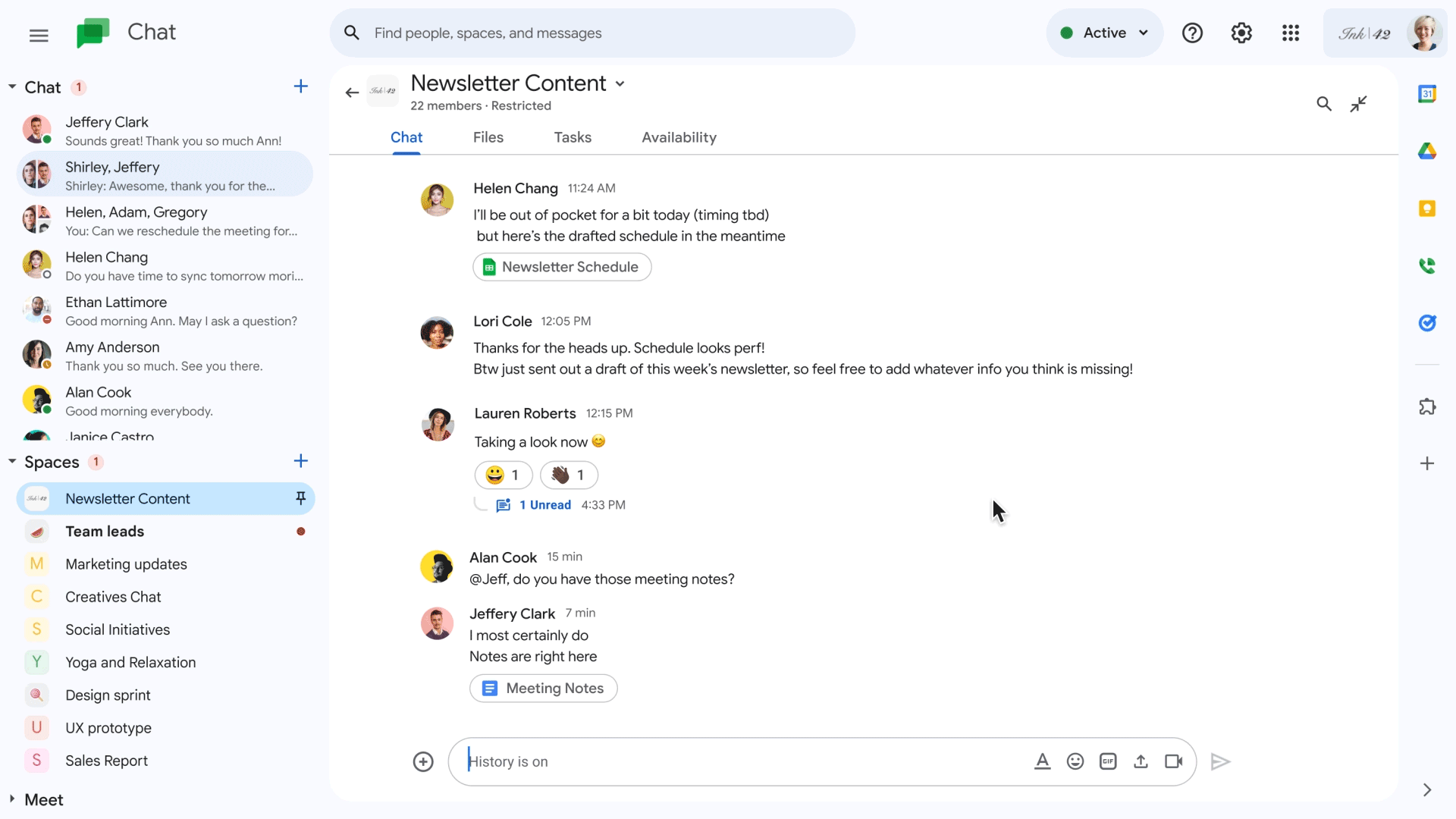 Select a previous message in Google Chat