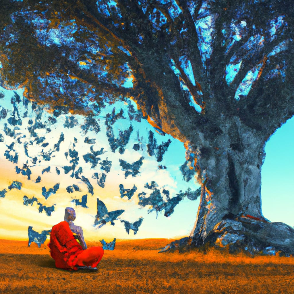 DALL-E prompt: A serene monk meditating under an ancient, sprawling tree, thoughts materializing as vibrant butterflies fluttering away, set against a backdrop of a breathtaking sunset, in the style of surrealism.