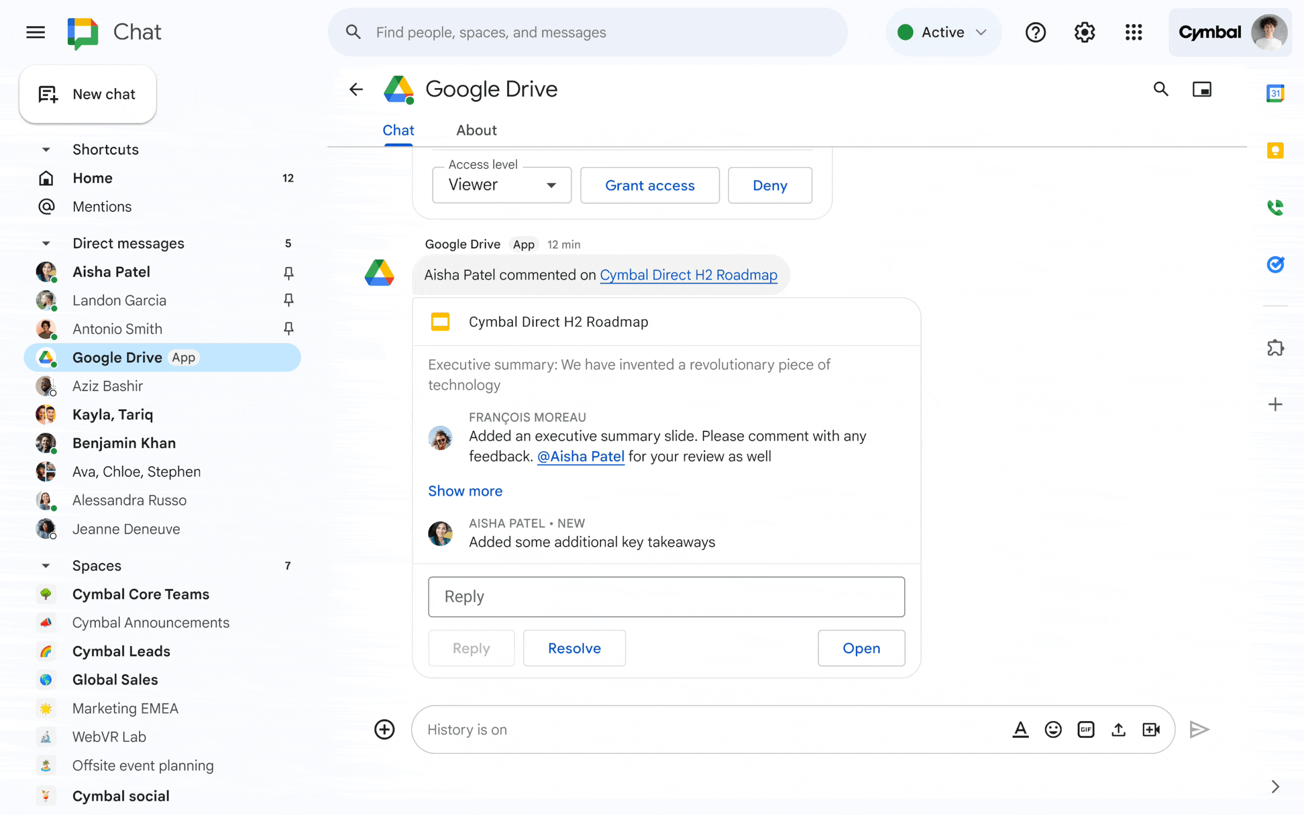 Google Drive app in Chat - interactive working