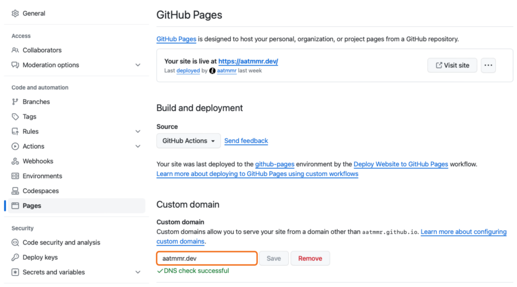Add custom domain in GitHub Pages settings
