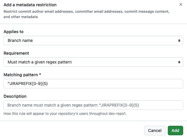 Use of metadata restrictions in GitHub Enterprise Repository rulesets.