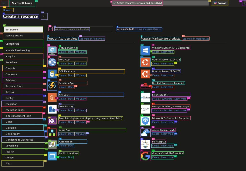 Example of OmniParser v2 results showing the parsed elements of the Azure portal website.