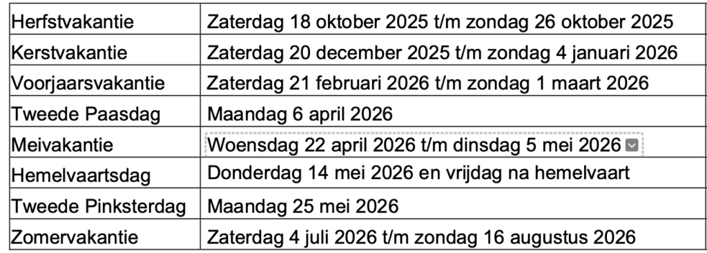 The Dutch school's holiday for the 2025-2026 season